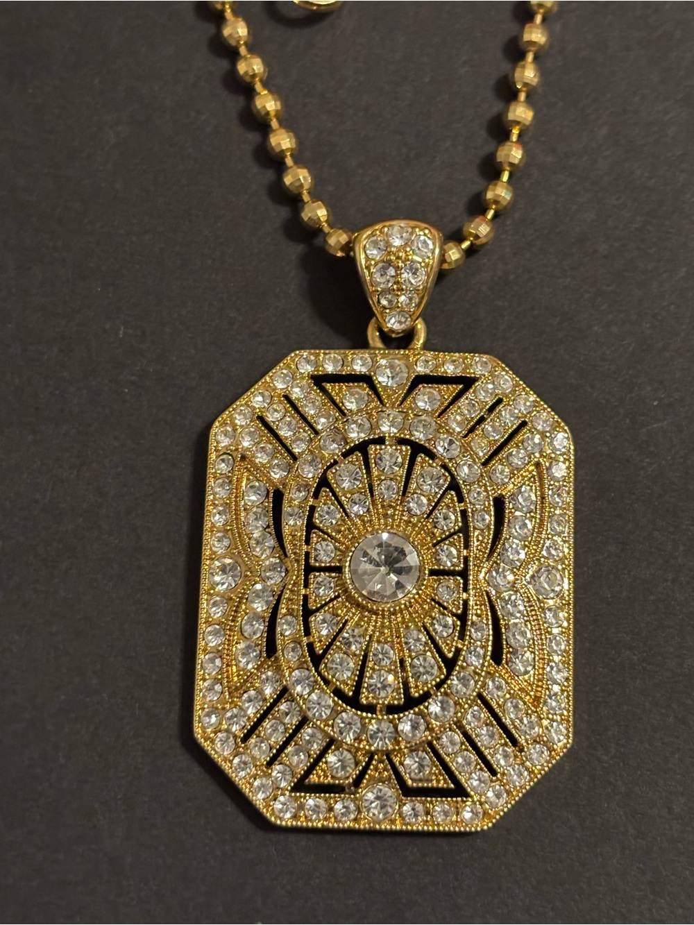 Paula Abdul Gold Tone Crystal Art Deco Pendant Necklace Faceted Bead Chain